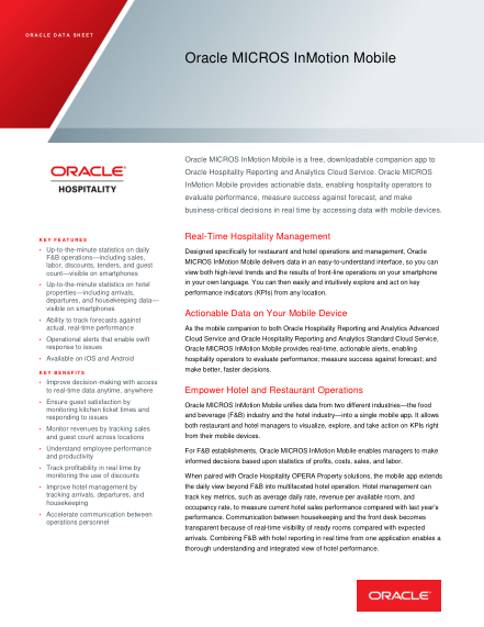 Oracle MICROS InMotion Mobile data sheet cover